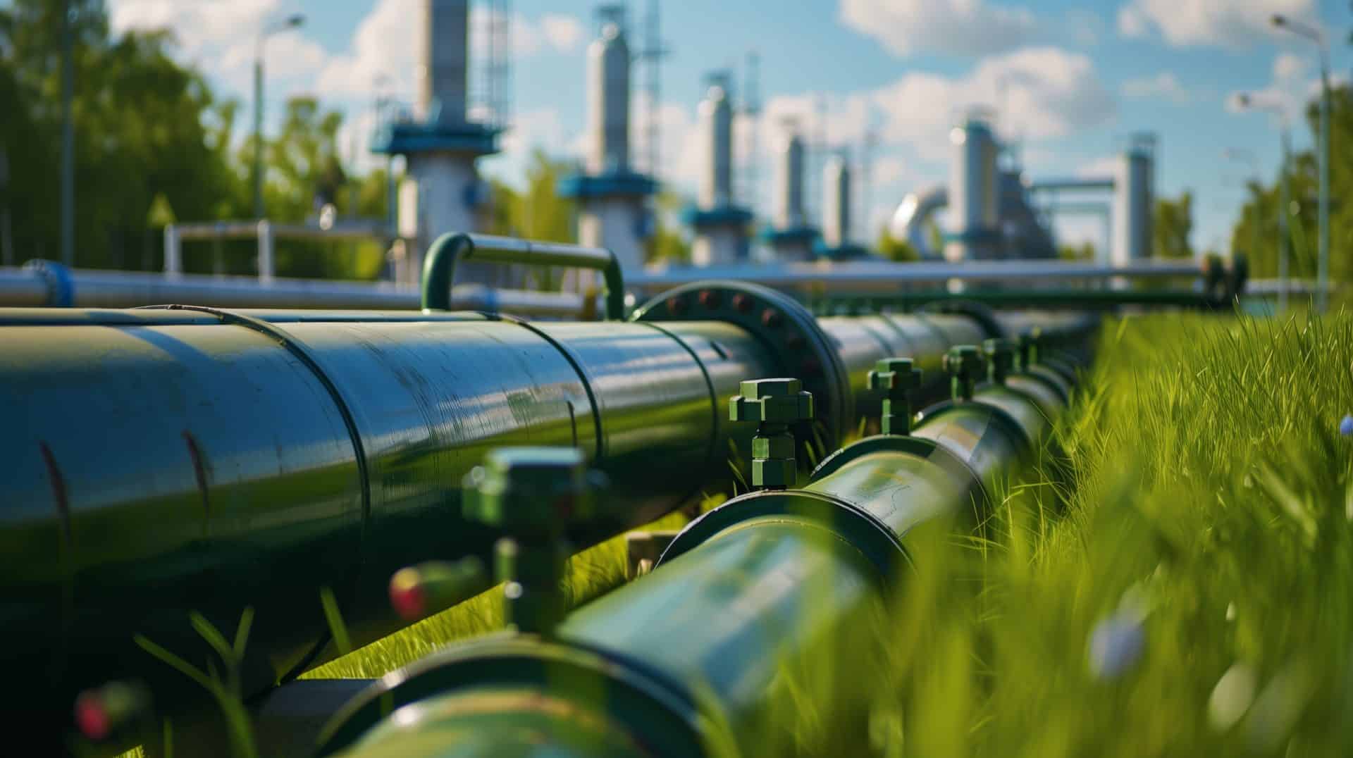 green gas pipeline with large metal pipes for natural fuel transport, energy industry concept. pipes arranged in a park near an electrical power plant, blue sky background, shallow depth of field